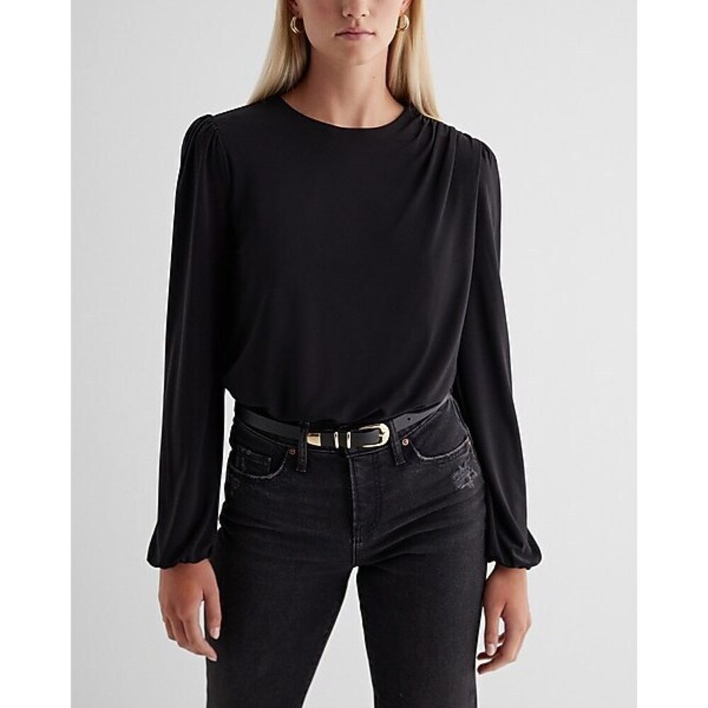 Express Skimming Crew Neck Puff Sleeve Bodysuit - Black - XL